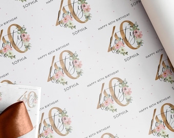 Personalised 40th Floral Birthday Wrapping Paper | Gold Floral Design