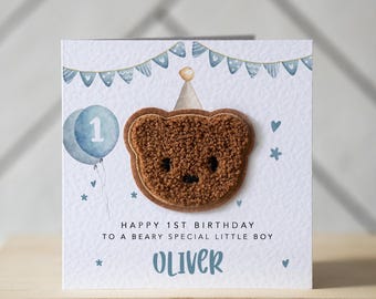Tarjeta de primer cumpleaños con oso de fieltro 3D / Personalizada con nombre y parentesco