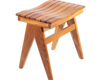 Teak Wood Stool Chair: Water Resistant, Assembled 13.38"x 13.75"x18.5"