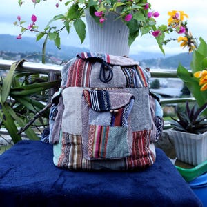 Handmade Patchwork Backpack, Earthy Boho Travel Bag from Nepal