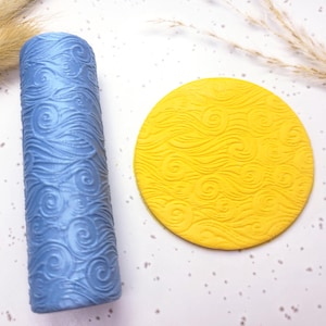 Pode incluir: Uma ferramenta cilíndrica azul e um objeto circular amarelo, ambos com um padrão de ondas. A ferramenta azul está em pé, enquanto o objeto amarelo está plano. Os objetos estão em uma superfície branca.