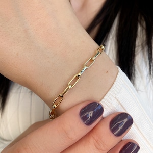 14k Solid Gold Paperclip Gold Bracelet - Real Solid Gold Chain Link Bracelet - Gift For Mom