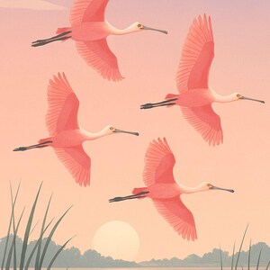 Poster 12x18 Spoonbills in Flight – Florida Bird Wall Art – Stampa Roseate Spoonbill Marsh