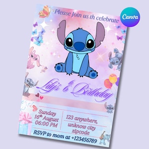 Editable Stitch Birthday Party Invitation Template, Cartoon Birthday Invitation, Stitch Birthday pool Party Invitation, Stitch Bday evite