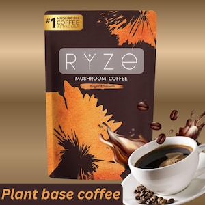 May include: A dark brown pouch of RYZE Mushroom Coffee with the text "Bright & Smooth". The image includes a cup of coffee, coffee beans, and the text "Plant base coffee". The pouch has the text "#1 Mushroom Coffee in the USA".
