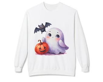 Cute Halloween Ghost Sweatshirt – Cozy Fall Unisex Crewneck with Bat & Pumpkin Design, Spooky Season Gift