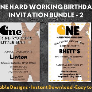 Peut inclure: Deux modèles de faire-part d'anniversaire sur le thème de la construction. L'un affiche le texte « One Hard Working Little Man » et l'autre « Hard Working Boy ». Les deux incluent les détails de l'événement et sont faciles à modifier.