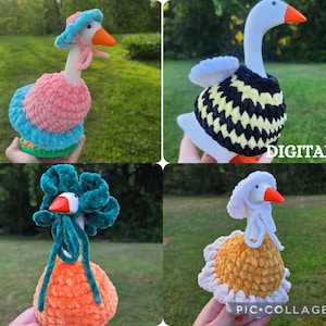 May include: A collection of four handmade goose figurines. Each goose features a white neck and head with an orange beak. The geese are dressed in crochet outfits in pink, blue, yellow, black, and green.