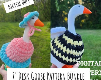 DIGITAL BUNDLE Crochet 7&quot; Desk Goose Bumblebee + Dress Pattern | Desk Goose Pattern | 7&quot; Goose Pattern