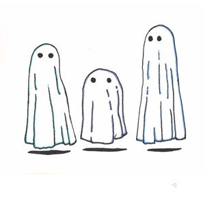 May include: A line art illustration featuring three white ghosts with black circular eyes. The ghosts are draped in white sheets with blue shading along the edges, each hovering above a small, dark, horizontal shadow on a plain white background.
