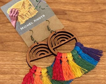 earrings handmade macrame fringe rainbow wood pride