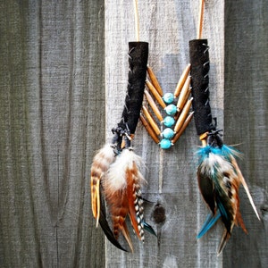 Puede incluir: Un collar de inspiración nativa americana con cuentas turquesa y cuentas de madera marrón. El collar está hecho con cordón de cuero negro y tiene dos plumas a cada lado, una marrón y una azul.