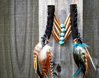 Op de afbeelding: Een ketting geïnspireerd op Native American met turquoise kralen en bruine houten kralen. De ketting is gemaakt van zwart lederen koord en heeft aan elke kant twee veren, een bruine en een blauwe.