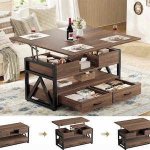 40" Lift Top Coffee Table, 4-in-1 Multi-Function Storage Table with Hidden Compartments, Farmhouse Square Coffee Table for Living Room