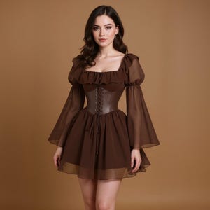 Renaissance Cottagecore Fairy Core Renaissance Dress, Brown Chiffon Patchwork A‑Line Flare‑Sleeve Dress, Homecoming & Prom fairy Gown Dress