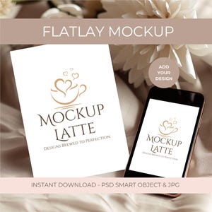 Mockup de cartão de casamento e telefone | Objeto inteligente PSD + JPG | Flat Lay floral | Compatível com Canva | Exibição de convite ou modelo digital