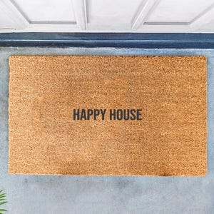 Happy House Doormat | Minimalist Welcome Mat | Modern Front Door Rug | Cheerful Housewarming Gift | Cute Coir Entryway Decor