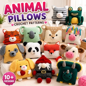 Puede incluir: Una colección de diez cojines cuadrados de ganchillo con forma de animales: tigre, koala, ciervo, unicornio, perro, panda, zorro, vaca, conejo con corazón y un gnomo, con el texto ANIMAL PILLOWS CROCHET PATTERNS y 10+ DESIGNS.