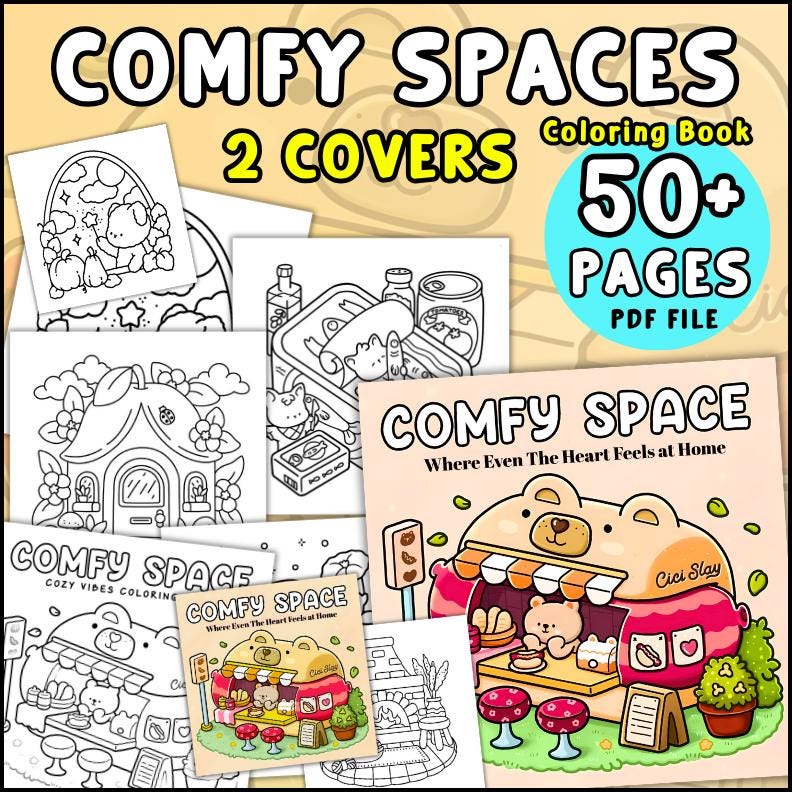 Comfy Spaces Libro para colorear: 50 habitaciones acogedoras y rincones hygge para jóvenes y adultos (Descarga PDF instantánea)