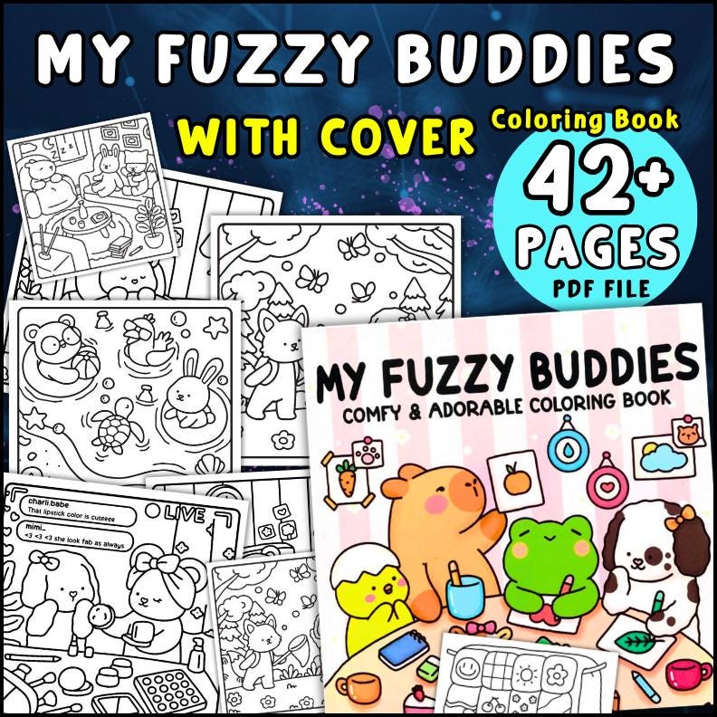 My Fuzzy Buddies: Libro para colorear de animales tiernos para adolescentes y adultos – 40 páginas relajantes imprimibles | Descarga instantánea en PDF