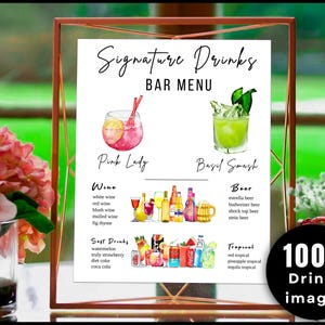 May include: A printable bar menu sign with watercolour illustrations of cocktails. The menu lists signature drinks, wine, beer, soft drinks, and tropical drinks. The text reads "Signature Drinks Bar Menu".