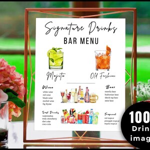 May include: A printable wedding bar menu sign with a watercolor illustration of a mojito and an old fashioned cocktail. The sign lists the drinks available, including wine, beer, soft drinks, and tropical cocktails. The text on the sign reads "Signature Drinks Bar Menu".