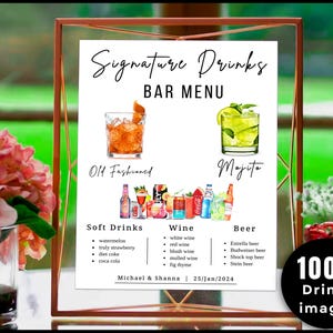 Puede incluir: Un cartel blanco con el texto "Signature Drinks Bar Menu" en negro. El cartel presenta ilustraciones de un Old Fashioned y un Mojito, junto con listas de bebidas sin alcohol, vino y cerveza. El texto "Michael & Shanna | 25/Jan/2024" está en la parte inferior del cartel.