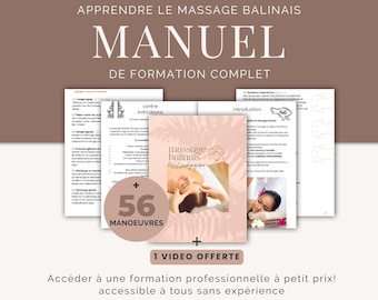 May include: A pink and white digital download product cover with the text "Learn Balinese Massage Manual" and "Complete Training Manual". The cover features a photo of a woman receiving a massage and the text "56 Maneuvers".