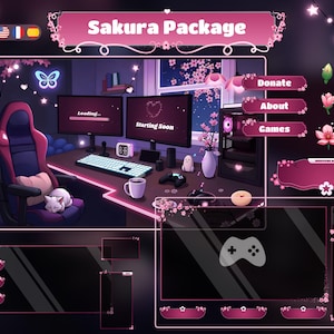 ストリーム オーバーレイ パッケージ 桜の部屋 - Twitch ストリーム オーバーレイ ピンク - 美的 Lofi Twitch スクリーン - ストリーム シーン - 桜 - 紫