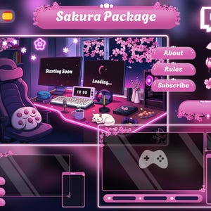 Animated Sakura Twitch Stream Overlay: Pink Lofi Gamer Room (Digital Download)