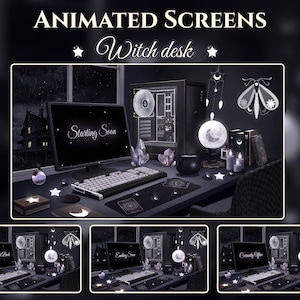 Puede incluir: Pantallas animadas para una configuración de escritorio con temática de brujas. La imagen muestra un monitor de computadora que muestra "Starting Soon" con un teclado, cristales, velas y una bola de cristal. El fondo presenta una noche oscura y estrellada y una casa espeluznante.