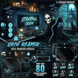 May include: A digital stream package featuring a Grim Reaper character wearing headphones at a computer desk. The set includes animated overlays, panels, and emotes with a dark blue and cyan color scheme, featuring text like STARTING SOON.