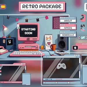 Może przedstawiać: Cyfrowa ilustracja pakietu nakładek do streamingu w stylu retro. Projekt zawiera różowy komputer, notatnik z rysunkiem kota i różne elementy związane z grami. Tekst zawiera "Retro Package" i "Starting Soon".
