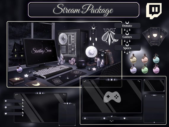 Animated Stream Package Black & White, Witch Desk, Dark Twitch Overlay - Tarrot Cards, Gothic Room, Mystic ...