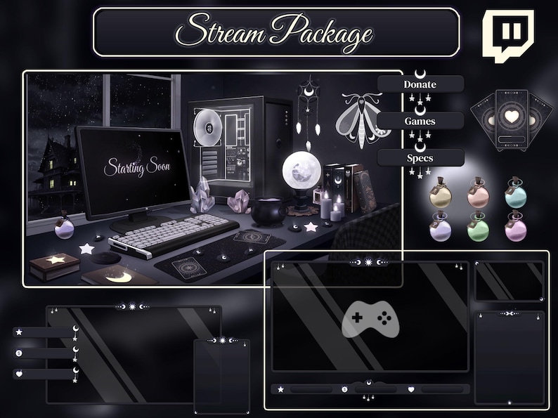 Animated Stream Package Black & White, Witch Desk, Dark Twitch Overlay - Tarrot Cards, Gothic Room, Mystic ... image 1