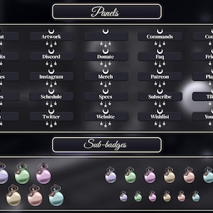 May include: A dark background with a grid of buttons labeled with various social media and community features. The buttons are black with white text and icons. Below the buttons is a row of colorful, round sub-badges.