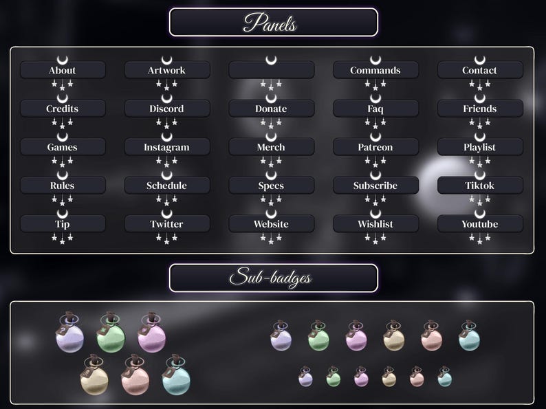 May include: A dark background with a grid of buttons labeled with various social media and community features. The buttons are black with white text and icons. Below the buttons is a row of colorful, round sub-badges.