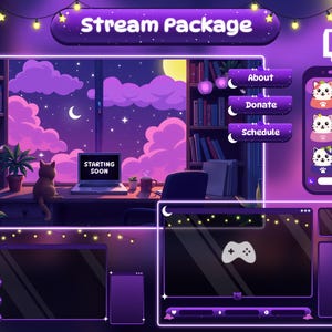 Pacchetto di sovrapposizione streaming Lofi Cat: Purple Room - Schermate animate (download digitale)