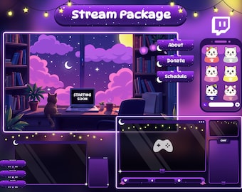 Animated Lofi Cat Stream Package | Cozy Room Twitch Overlays |  Kick, StreamLabs and YouTube OBS