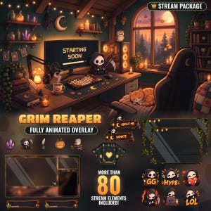 May include: A digital stream package featuring a Grim Reaper theme with a gaming desk setup, animated overlays, and character icons. The set includes frames, buttons, and emotes with text like STARTING SOON, ABOUT ME, DONATE, GG, HYPE, RIP, and LOL.