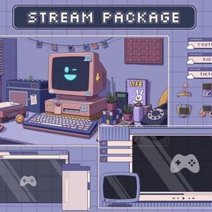 May include: An illustration of a retro computer setup with a smiling face on the screen, a keyboard, and other vintage tech items. The image includes a stream package title and social media icons, with a gaming theme.