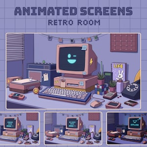 Könnte beinhalten: Animierte Illustration eines Retro-Computer-Setups mit dem Text "Animated Screens Retro Room". Die Szene umfasst einen Vintage-Computer, eine Tastatur, eine Maus und andere Retro-Tech-Artikel. Der Computerbildschirm zeigt ein lächelndes Gesicht.