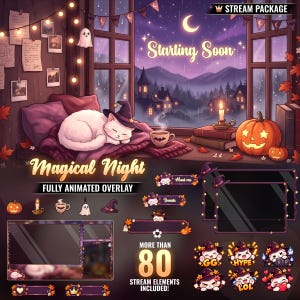 May include: A digital stream package featuring a white cat in a witch hat sleeping on a window ledge, with text reading Starting Soon, Magical Night, and Fully Animated Overlay. Includes various UI elements, chat boxes, and cat-themed emotes.