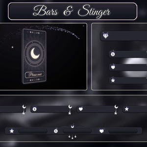 May include: A black and white digital illustration of a tarot card with a crescent moon and the text "Please wait". The image also includes a series of black and white bars with various icons, including a diamond, a dollar sign, a heart, a star, and a crescent moon.
