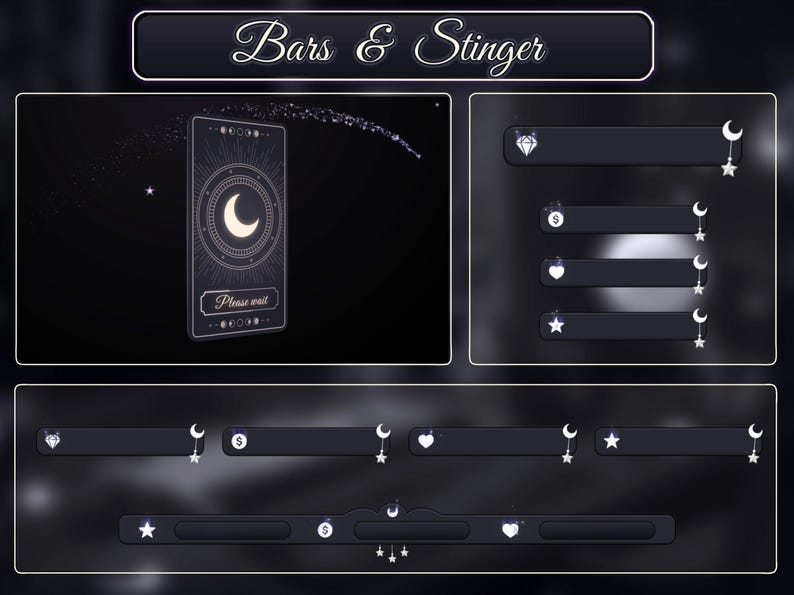 May include: A black and white digital illustration of a tarot card with a crescent moon and the text "Please wait". The image also includes a series of black and white bars with various icons, including a diamond, a dollar sign, a heart, a star, and a crescent moon.