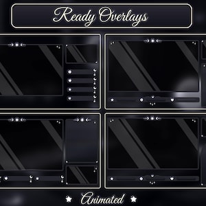 May include: Four animated Twitch stream overlays with a dark gray background and white accents. The overlays include a main video area, a chat box, a donation bar, and a follower count. The text "Ready Overlays" and "Animated" are visible in the image.
