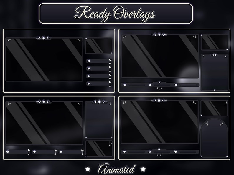 May include: Four animated Twitch stream overlays with a dark gray background and white accents. The overlays include a main video area, a chat box, a donation bar, and a follower count. The text "Ready Overlays" and "Animated" are visible in the image.