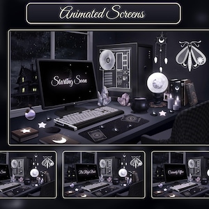 May include: A computer screen with the text "Starting Soon" displayed on it. The computer is on a desk with a keyboard, mouse, and other accessories. The desk is decorated with a moth, a moon, and other celestial objects.