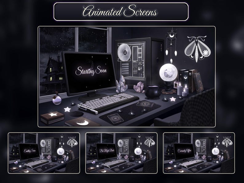 May include: A computer screen with the text "Starting Soon" displayed on it. The computer is on a desk with a keyboard, mouse, and other accessories. The desk is decorated with a moth, a moon, and other celestial objects.