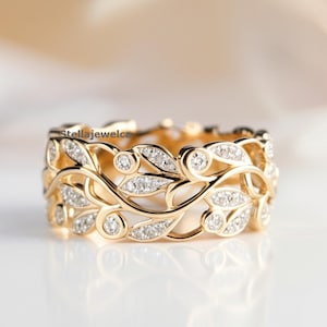 1930s Antique Vintage Art Deco Ring, Vintage Leaf Lab Grown Diamond Wedding Band, Nature Inspired Leaf Ring, 14K Gold Eternity Wedding Band